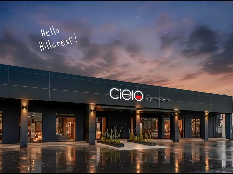 Completed retail centre photographed at dusk