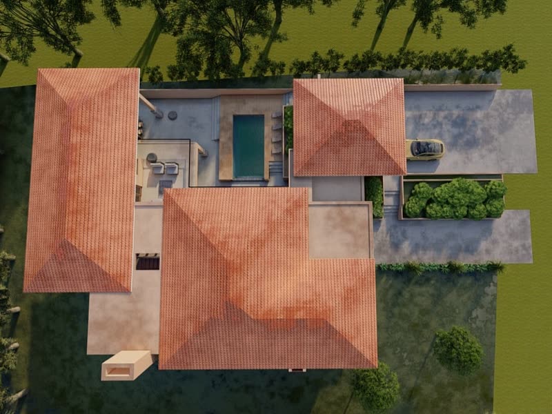 Aerial architectural visualisation of a home showing the roof layout and courtyard