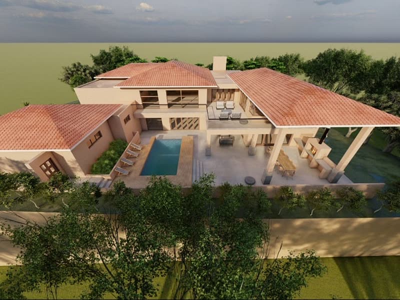 Architectural visualisation of a large home with a pool and terraced garden