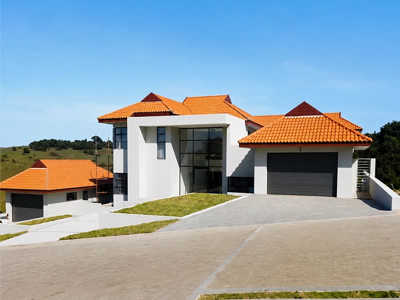 Completed home with a terracotta tiled roof, double-volume glazing and a paved driveway