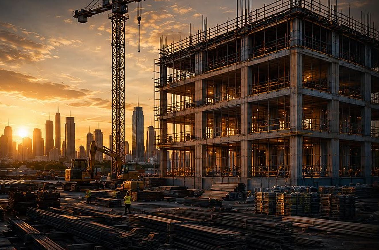A multi-storey Lebensdauer Group structure under construction at sunset, tower crane above the frame