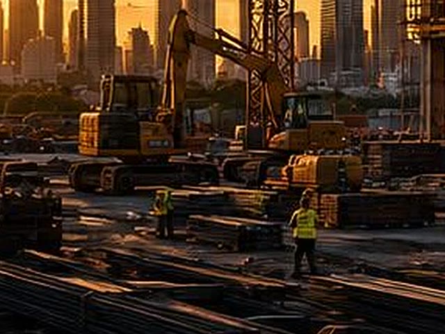 Excavators and earthmoving plant working a site laydown at golden hour