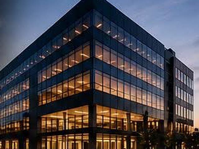 Glazed commercial office building lit from within at dusk