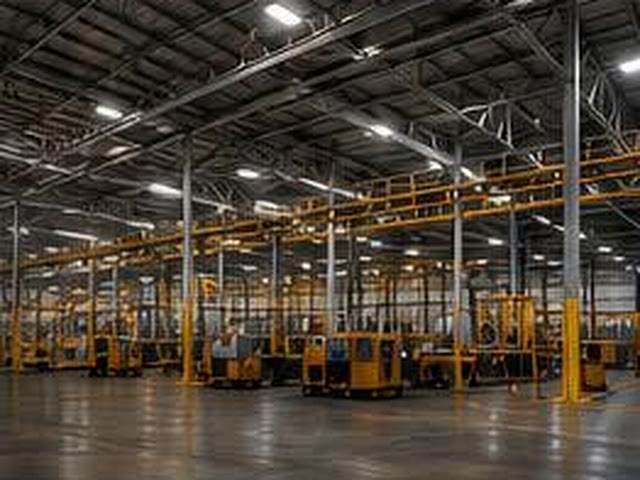 Interior of a steel-framed industrial warehouse with plant on the floor