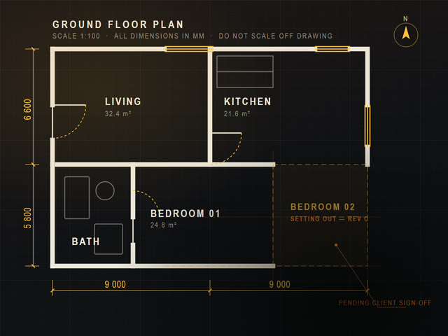 Architectural ground floor plan on the drawing board, with the final room still being set out