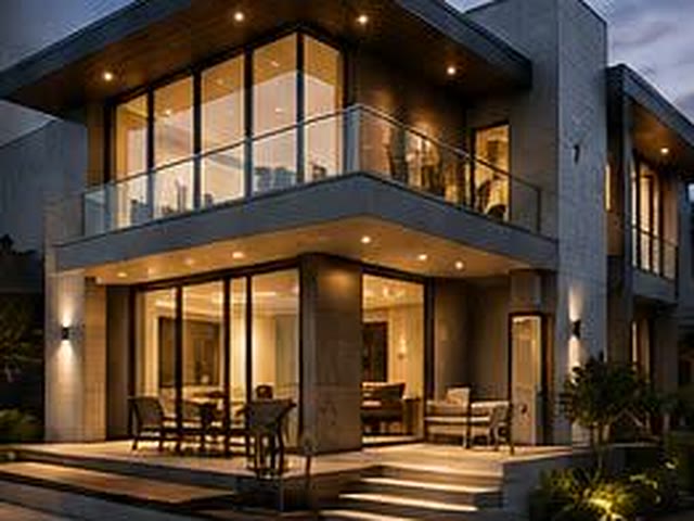 Contemporary double-storey home with glazed façade and lit terrace at dusk